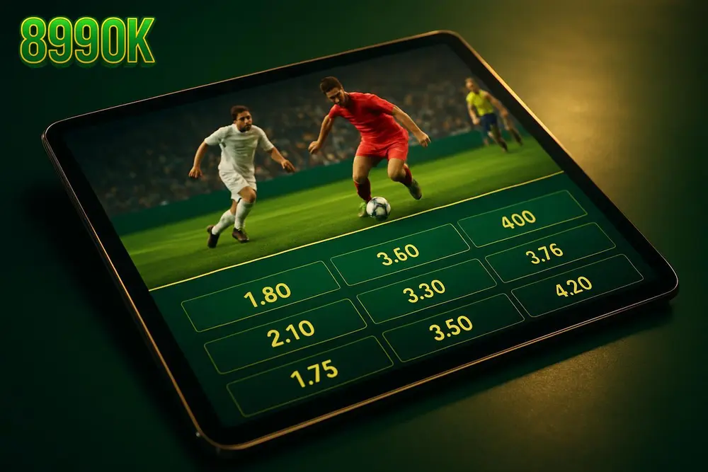 899OK Betting — a football match displayed on a tablet with green and gold odds panel