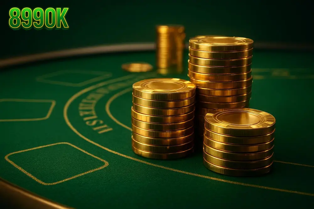 899OK Casino — a green felt blackjack table with glowing gold chips stacked
