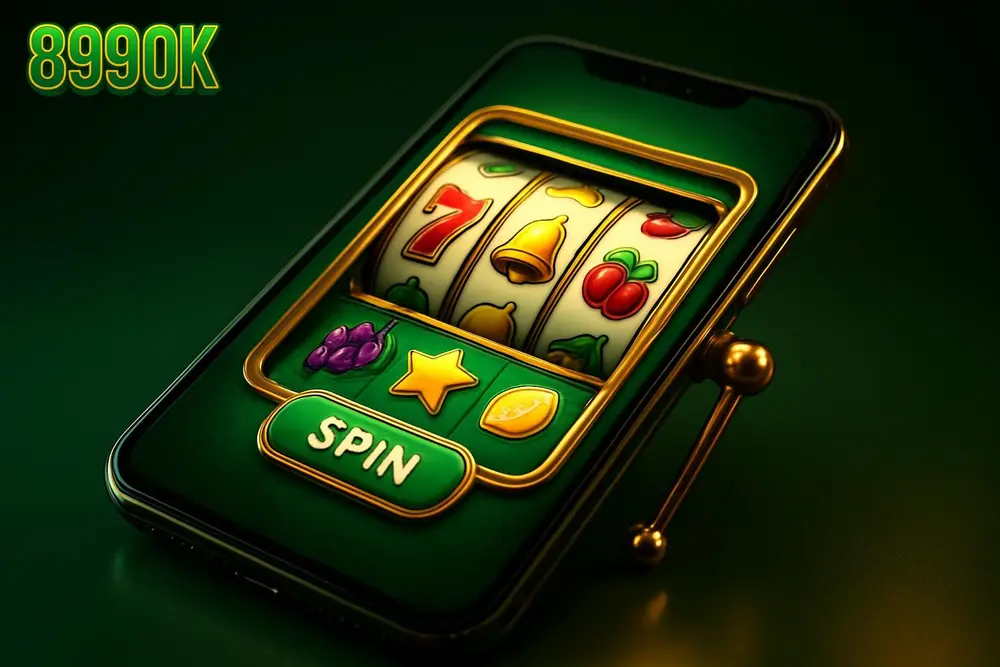 899OK Slots — a smartphone screen showing a bright cartoon-style slot game